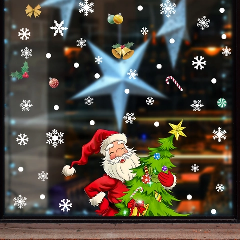 Autocollants De Fenêtre De Noël Père Noël Arbre Flocon De Neige PVC Double Face Électrostatique Pour Vitre Porte Décoration De Fête
