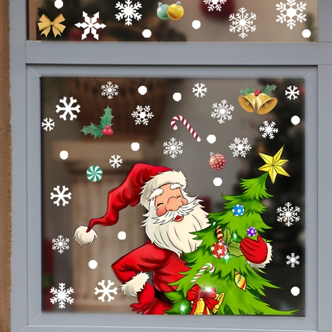 Autocollants De Fenêtre De Noël Père Noël Arbre Flocon De Neige PVC Double Face Électrostatique Pour Vitre Porte Décoration De Fête