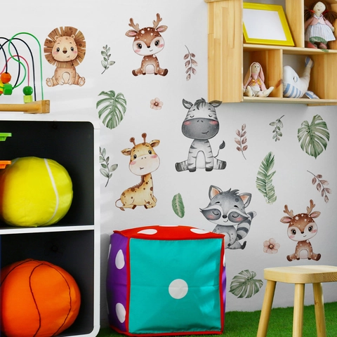 Stickers Muraux Animaux Dessin Animé PVC Imperméable Amovible Décoration Chambre Enfant Aquarelle Peint À La Main Animaux Jungle Forêt