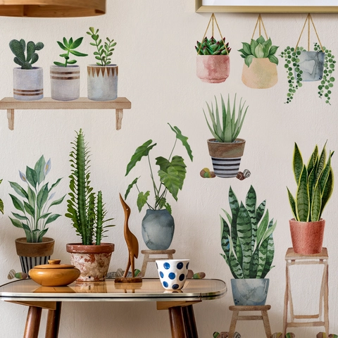 Stickers Muraux Plantes En Pot Aquarelle PVC Autocollant Succulentes Verdure Décoration Murale Maison
