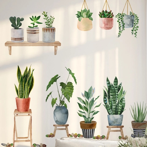 Stickers Muraux Plantes En Pot Aquarelle PVC Autocollant Succulentes Verdure Décoration Murale Maison