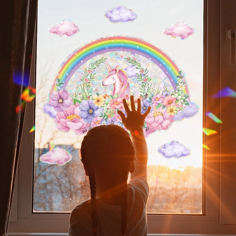 Adesivo Statico per Finestra Acchiappasole Unicorno Arcobaleno Cartone Animato Pellicola Vetro Prisma Decorazione Casa