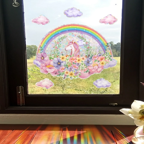 Pellicola per Finestre Suncatcher Unicorno Arcobaleno Cartone Animato Adesivo in Vetro PVC Effetto Prisma Elettrostatico
