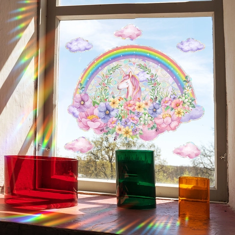 Pellicola per Finestre Suncatcher Unicorno Arcobaleno Cartone Animato Adesivo in Vetro PVC Effetto Prisma Elettrostatico
