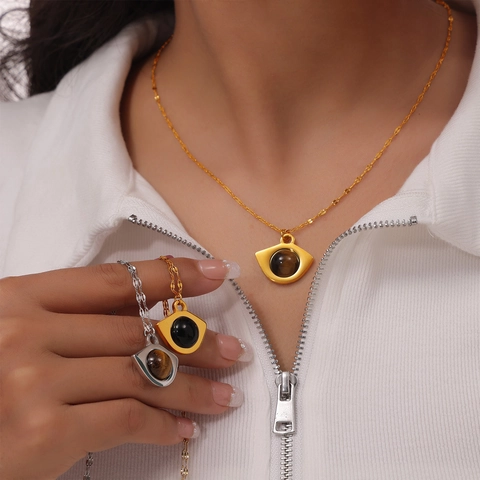 Vintage Eye Shape Pendant Necklace Titanium Steel With Tiger's Eye Stone And Black Glass Elegant Jewelry For Women