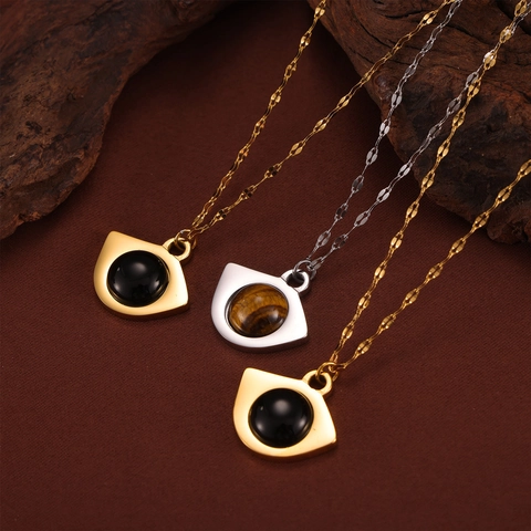 Vintage Eye Shape Pendant Necklace Titanium Steel With Tiger's Eye Stone And Black Glass Elegant Jewelry For Women