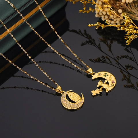 Collana Con Pendente a Mezzaluna in Rame Placcato Oro Vergine Maria Religiosa Zirconia Orso Cuore Amore Catena Satellite Gioielli Donna