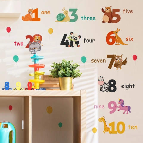 Stickers Muraux Éducatifs Dessins Animés Animaux Chiffres Apprentissage PVC Auto-adhésif Pour Chambre D'enfant Crèche Décor