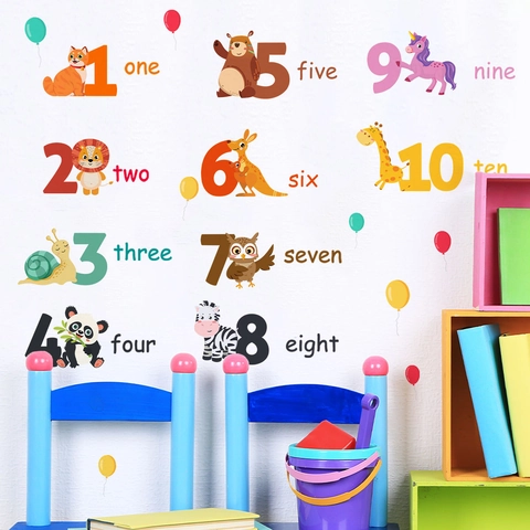 Stickers Muraux Éducatifs Dessins Animés Animaux Chiffres Apprentissage PVC Auto-adhésif Pour Chambre D'enfant Crèche Décor