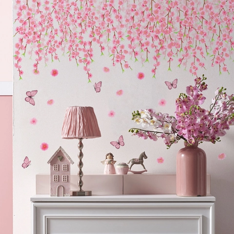 Autocollants Muraux Fleurs De Cerisier Rose PVC Auto-Adhésif Papillon Décor Floral Pour Chambre Salon Romantique