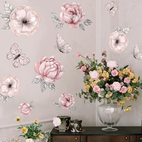 Autocollants Muraux Fleurs Papillons Aquarelle PVC Autocollant Décalcomanies Pivoine Pour Chambre Salon Déco Romantique