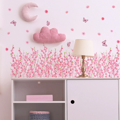 Autocollants Muraux Fleurs De Cerisier Rose PVC Auto-Adhésif Papillon Décor Floral Pour Chambre Salon Romantique