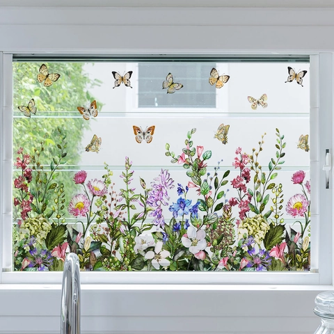 Blumen Schmetterling Doppelseitige Fensteraufkleber Bunte Florale Glasaufkleber Für Wohnzimmer Schlafzimmer Fensterdekoration