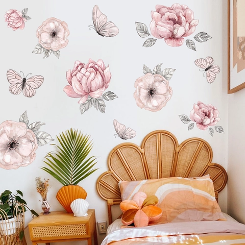 Stickers Muraux Fleurs Roses Aquarelle PVC Autocollants Papillon Floraux Pour Salon Chambre Décoration Romantique Pépinière