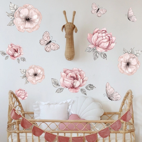 Stickers Muraux Fleurs Roses Aquarelle PVC Autocollants Papillon Floraux Pour Salon Chambre Décoration Romantique Pépinière