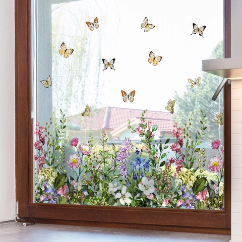 Blumen Schmetterling Doppelseitige Fensteraufkleber Bunte Florale Glasaufkleber Für Wohnzimmer Schlafzimmer Fensterdekoration
