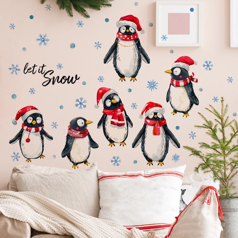 Christmas Penguin Wall Stickers PVC Self Adhesive Removable Snowflake Let It Snow Cartoon Holiday Home Decor