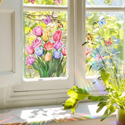 Tulp Vlinder Statische Venstersticker Regenboog Zonvanger Prismatisch Glassticker Floraal Huis Decoratie