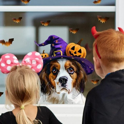 Halloween Wall Sticker Cartoon Dog With Purple Wizard Hat Pumpkin Bats Decor PVC Window Cling For Living Room Party Home Decoration