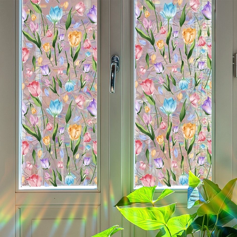 Pellicola Per Finestre Fiori Di Tulipano Adesiva Statica Privacy Adesivo Vetro Arcobaleno Suncatcher Decalcomania PVC Decorativa