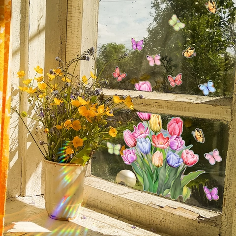 Tulp Vlinder Statische Venstersticker Regenboog Zonvanger Prismatisch Glassticker Floraal Huis Decoratie