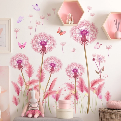 Pegatinas de Pared de Diente de León y Mariposas Rosa Removibles PVC Calcomanías Florales para Sala de Estar Dormitorio Hogar