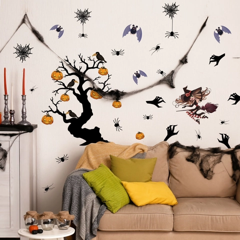Stickers Muraux Halloween PVC Imperméable Arbre Mort Citrouille Sorcière Chauve-Souris Autocollants Décoration Fête Amovible