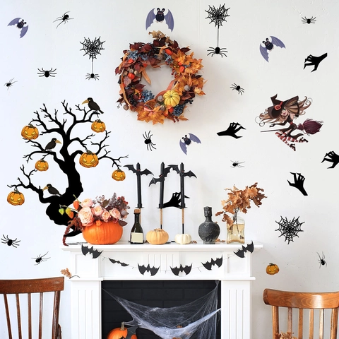 Adesivi Murali Halloween Strega Su Scopa Zucca Albero Morto Pipistrelli Ragni Vetrofanie PVC Decorazione Festa Casa Festiva