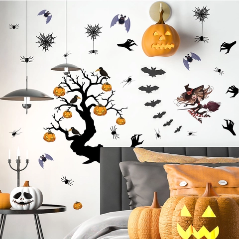 Adesivi Murali Halloween Strega Su Scopa Zucca Albero Morto Pipistrelli Ragni Vetrofanie PVC Decorazione Festa Casa Festiva