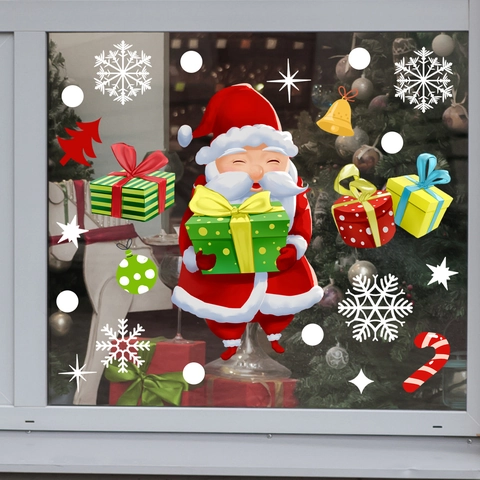 Christmas Window Stickers Static PVC Cling Decals Santa Claus Snowman Snowflake Festive Holiday Glass Decoration DIY