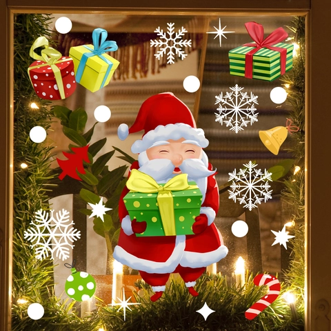 Christmas Window Stickers Static PVC Cling Decals Santa Claus Snowman Snowflake Festive Holiday Glass Decoration DIY