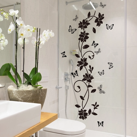 Black Floral Butterfly Bathroom Wall Sticker PVC Waterproof Self Adhesive Vine Flower Decal For Toilet Bathtub Glass Door Bedroom Home Decor
