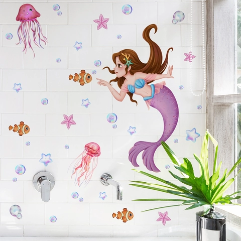 Adesivo da Parete a Fumetti con Sirena Creature Sottomarine e Bolle Impermeabile in PVC per Decorazione Bagno e Cameretta
