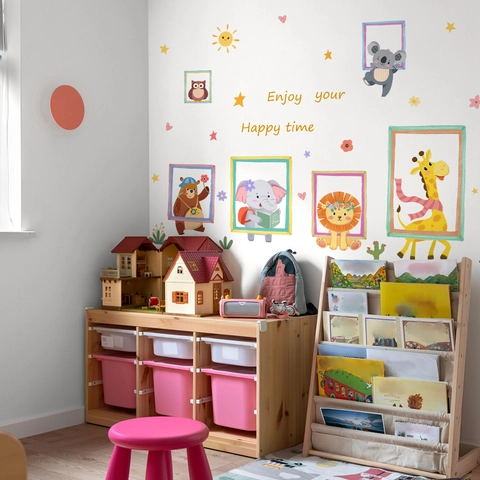 Adesivi Murali Animali Cartoni Animati PVC Autoadesivi Decorazione Camera Bambini Giraffa Koala Leone Cornice Moderna