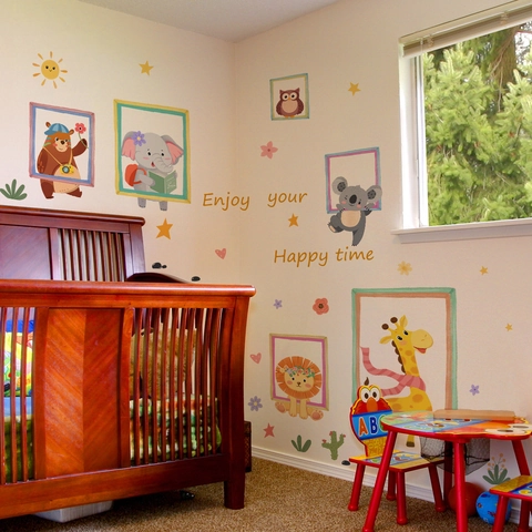 Adesivi Murali Animali Cartoni Animati PVC Autoadesivi Decorazione Camera Bambini Giraffa Koala Leone Cornice Moderna