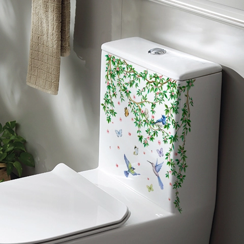 Pájaros Flores Hojas Verdes Pegatinas De Pared Baño PVC Impermeable Calcomanías De Inodoro Para Refrigerador Hogar