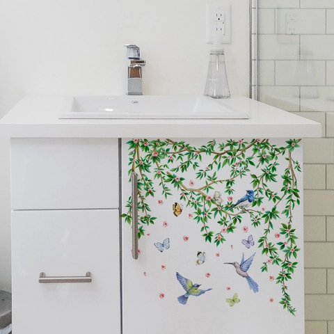 Pájaros Flores Hojas Verdes Pegatinas De Pared Baño PVC Impermeable Calcomanías De Inodoro Para Refrigerador Hogar