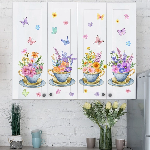 Florale Teetasse Schmetterling Wandaufkleber PVC Wasserdichte Aufkleber Für Küchenschrank Wohnzimmer Schlafzimmer Dekoration