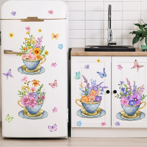 Florale Teetasse Schmetterling Wandaufkleber PVC Wasserdichte Aufkleber Für Küchenschrank Wohnzimmer Schlafzimmer Dekoration