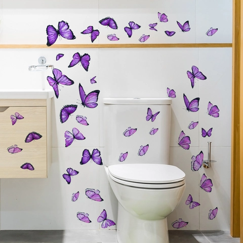 Stickers Muraux Papillon Bleu Violet Autocollants Décoratifs en PVC Amovibles pour Salle de Bain Chambre Salon Décoration Murale