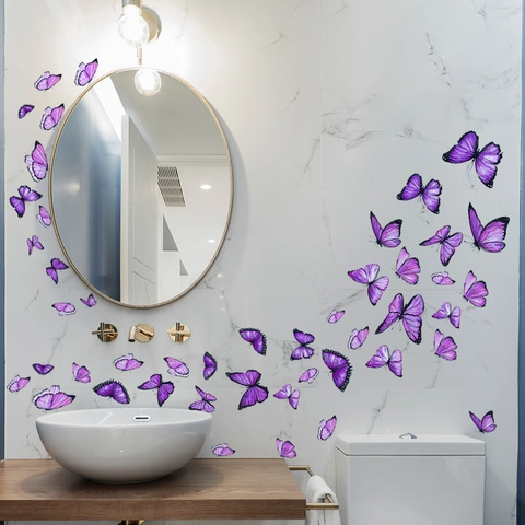 Stickers Muraux Papillon Bleu Violet Autocollants Décoratifs en PVC Amovibles pour Salle de Bain Chambre Salon Décoration Murale
