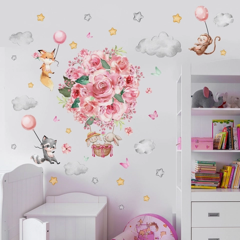 Watercolor Pink Rose Hot Air Balloon Cartoon Animal Wall Stickers For Nursery Kids Room PVC Self Adhesive Decorative Mural