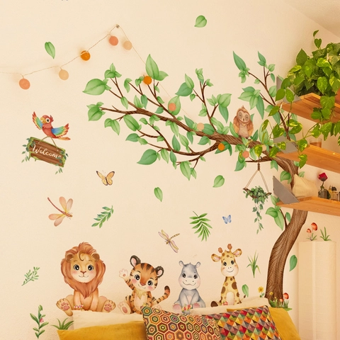 Cartoon Forest Animal Wall Stickers Kids Room Nursery Decor Watercolor Giraffe Lion Bear Tree PVC Self Adhesive Wall Decals