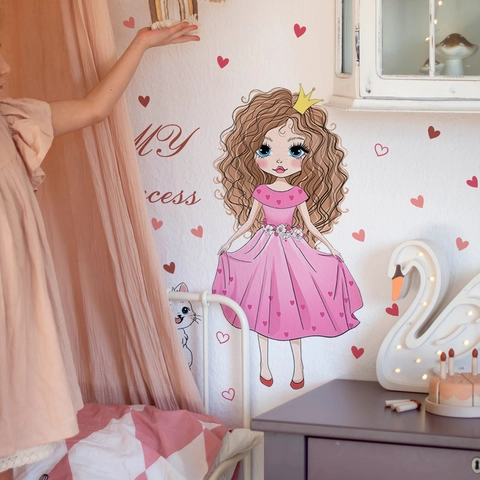 Pegatina de Pared de Princesa y Gato con Corazón de PVC Autoadhesiva Decoración de Dormitorio para Niñas