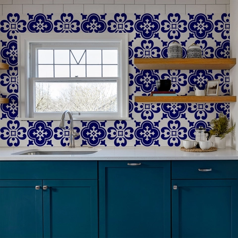 Vintage French Moroccan Style Flower Tile Wall Stickers Waterproof Leather Look PVC Self Adhesive Backsplash Home Decor
