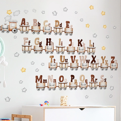 Autocollants Muraux Alphabet Petit Train Dessin Animé PVC Aquarelle Éducatif Lettres A-Z Pour Chambre Enfant