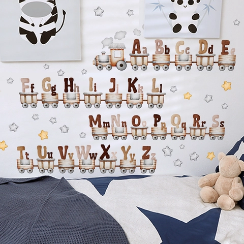 Autocollants Muraux Alphabet Petit Train Dessin Animé PVC Aquarelle Éducatif Lettres A-Z Pour Chambre Enfant