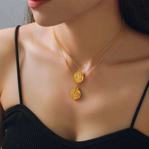Zodiac Sign Pendant Necklace Titanium Steel Relief Coin Constellation Vintage Charm Jewelry For Women