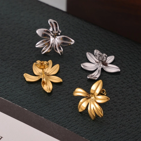 Floral Stud Earrings Titanium Steel 18K Gold Plated Elegant Multi Layer Petal Jewelry For Women Korean Style
