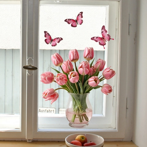 Watercolor Pink Tulip Vase And Butterflies Window Stickers PVC Removable Glass Decals For Home Bedroom Decoration